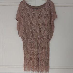 S.L. Fashions Sparkle Beige Sheath Mini Dress with Scoop Neck